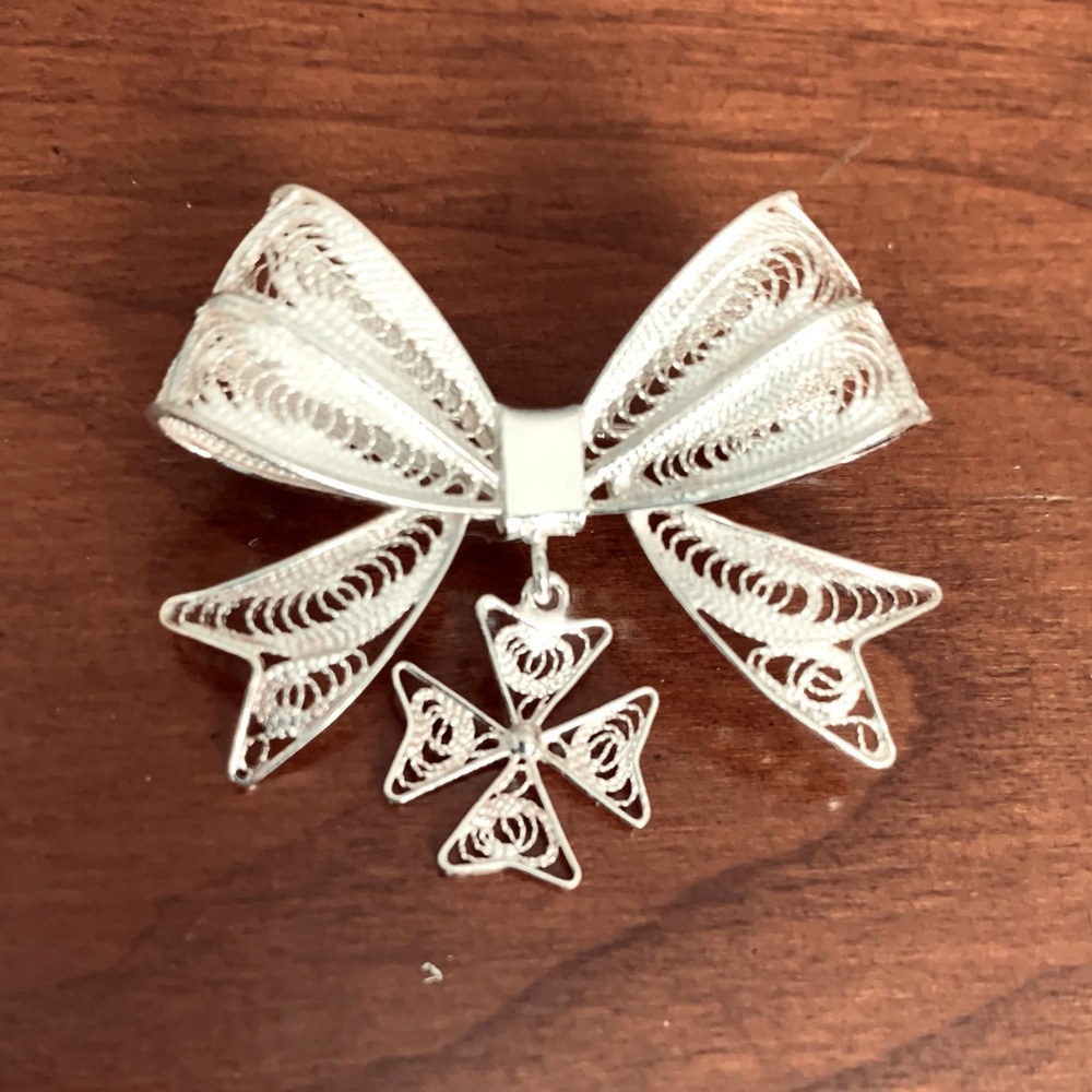 Vintage 925 Silver Maltese Cross & Bow brooch pin handmade real silver wirework